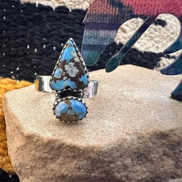 ❤️ Golden Hills Turquoise 925 Southwestern Navajo 2 Stone Adj Ring 6.2gm Unisex - Picture 3 of 16